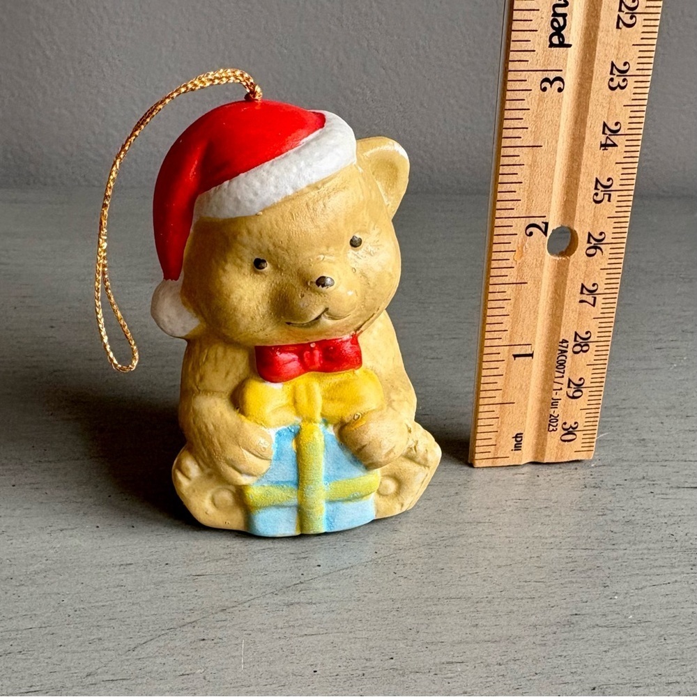 Vintage Teddy Bear Santa Hat w/ Present Ornament 3" Christmas Holiday - Picture 7 of 7